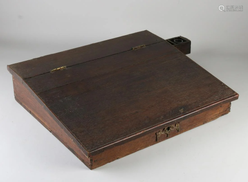 Large antique oak travel writing box with side drawer