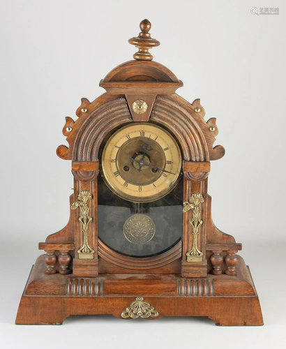 Antique American walnut table clock with alarm. Circa