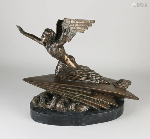 Art Deco style bronze figure on black marble base. 21st