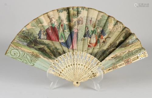 Antique bone fan with hand-colored engravings +