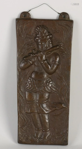 Antique Japanese bronze plaque with flutist. Verso