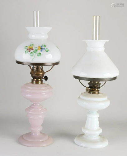Two antique opaline glass kerosene lamps. Circa 1900.