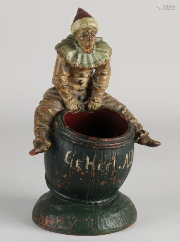 Antique polychrome terracotta tobacco jar with clown