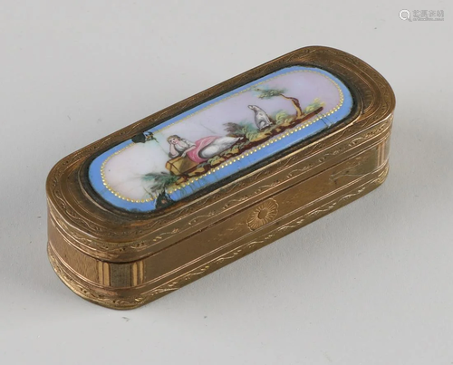 18th century French gilt brass tobacco box with enamel