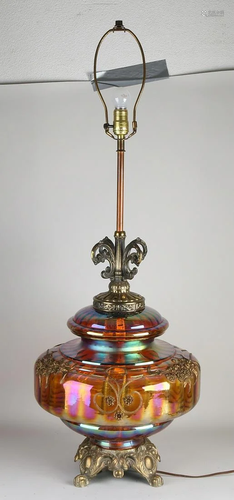 Large iridescent glass table lamp with brass.