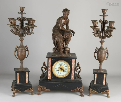 Antique French marble/composition metal clock set…