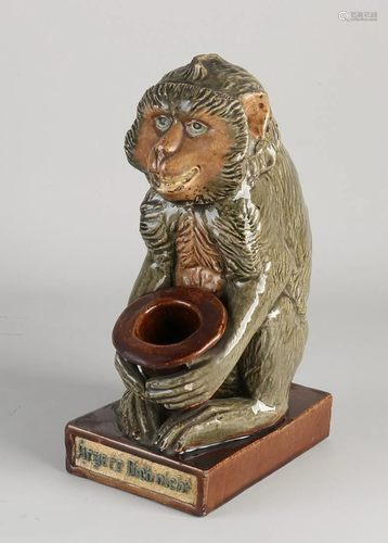 Antique German majolica monkey with hat, 'Ã¤rgere dich