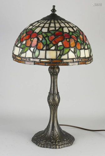 Tiffany style table lamp with brass base. Second half