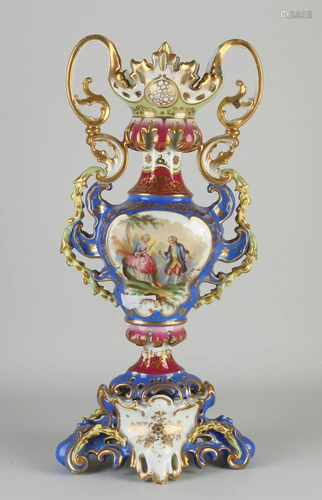 Large three-piece French porcelain display vase with