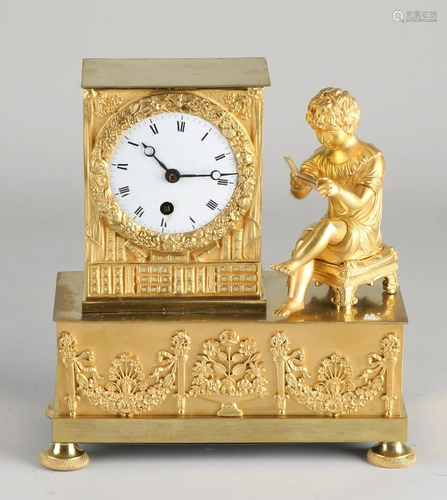 Small antique fire-gilt bronze mantel clock with silent