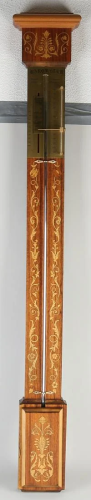 English rosewood stick barometer with floral intarsia.