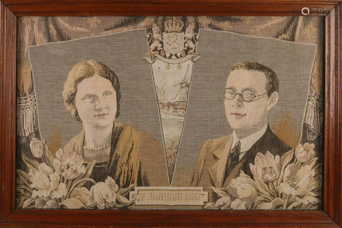 Antique tapestry. Royal family 1937. Juliana and Prince