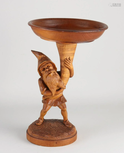 Antique German fruit wood carved table bowl with gnome.