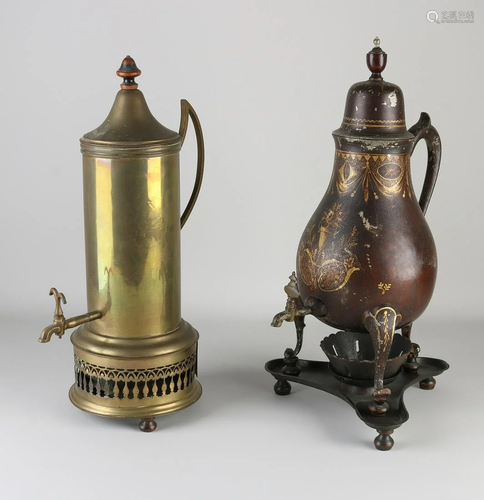 Two 19th century tap jugs. 1x tin (painted). 1x brass.