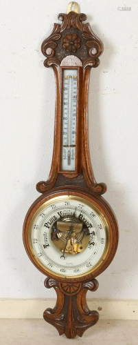 Antique English oak barometer with thermometer. Circa