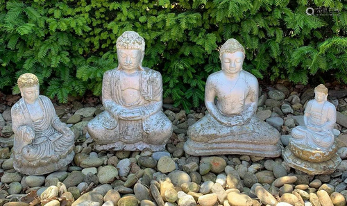 Four old Buddha (garden) statues made of concrete. Late