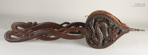 19th century walnut carved bellows with dragon decor.