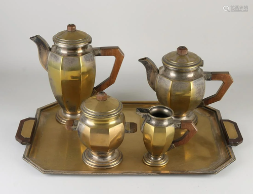 Antique brass Art Deco coffee/tea set with tablet.