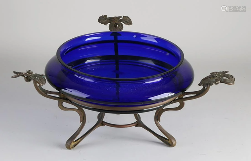 Antique Jugendstil fruit bowl with blue glass bowl and