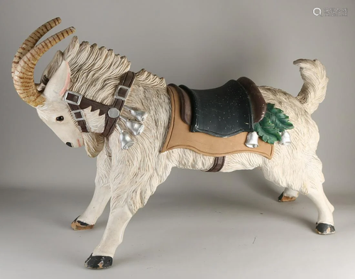 Heavy wood carved carousel ibex with polychromy and