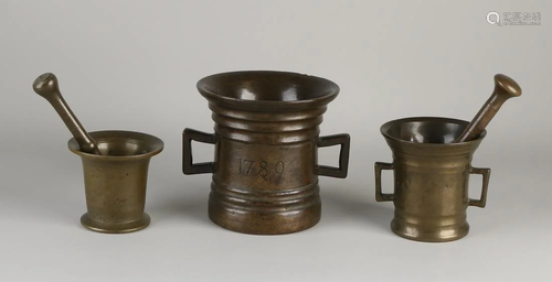 Three antique bronze mortars. Twice 18th century. One