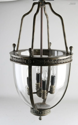 Large brass patinated lantern-shaped four-light pendant