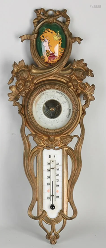 Antique German gold plated barometer with thermometer.