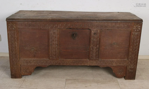 18th century German oak blanket chest with carving,