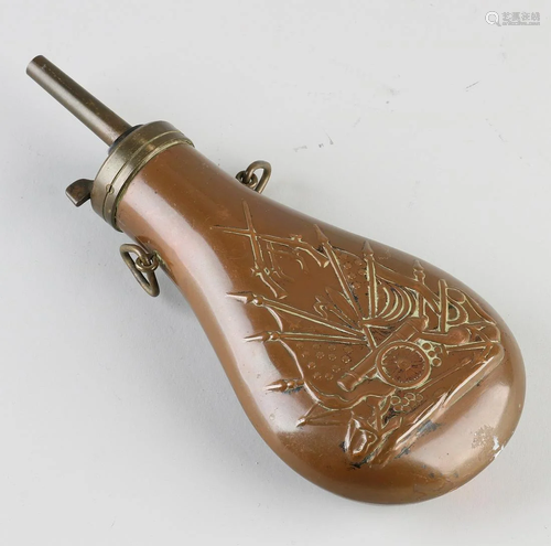 19th century brass powder horn with an image of a