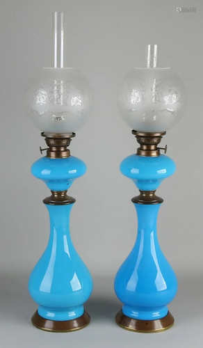 Two blue opaline glass kerosene lamps with satin glass