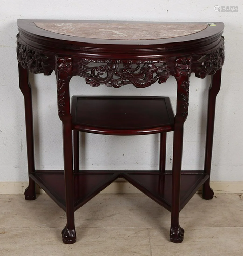 Chinese wood carved moon table with marble top and