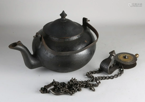 Heavy 19th century iron kettle + pick. Dimensions