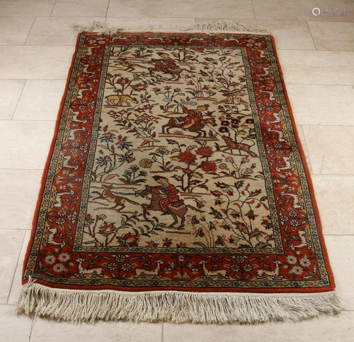 Old Persian rug with figures decor. Riders on