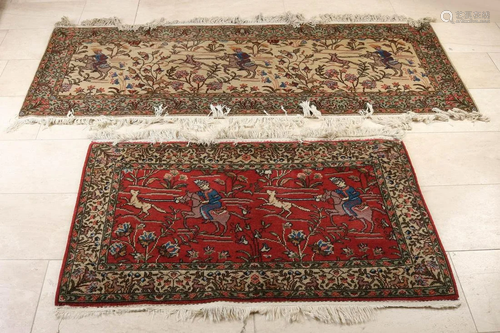 Two old Persian rugs with figures decor, rider on