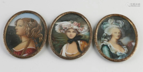 Three antique miniature paintings. Women's portraits.