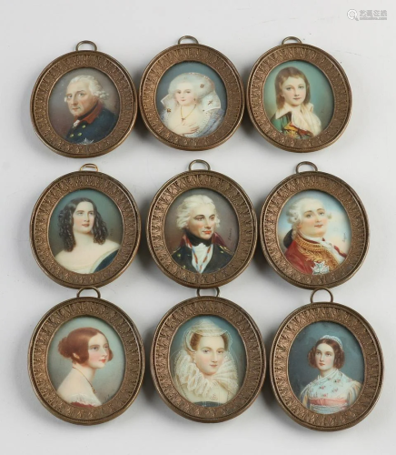 Nine antique miniature paintings. Various portraits