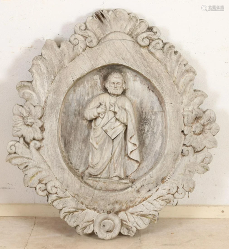 Large 18th century oak carved heavy plaque with Saint