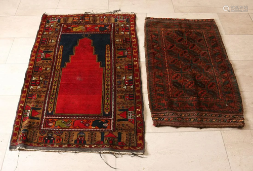 Two old Persian (prayer) rugs. 20th century. Red-blue +