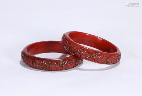 Pair Carved Cinnabar Lacuqer Bangles Qing Style