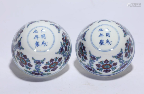Pair Doucai Glazed Cups Chenghua Style