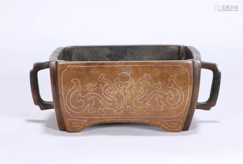 A Silver Inlaid Bronze Censer Qing Style