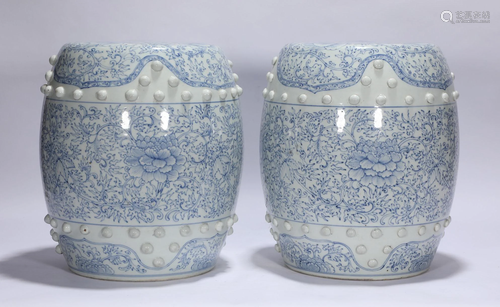 Pair Blue and White Garden Stools