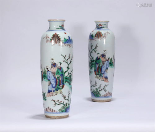 Pair Famille Verte Sleeve Vases Kangxi Style