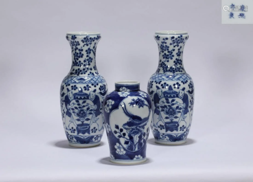 A Group of Three Blue and White Vases Qing Style