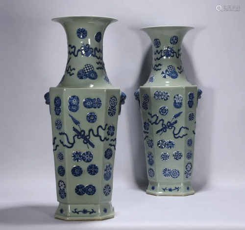 Pair Celadon Ground and Underglaze Blue Vases Kangxi