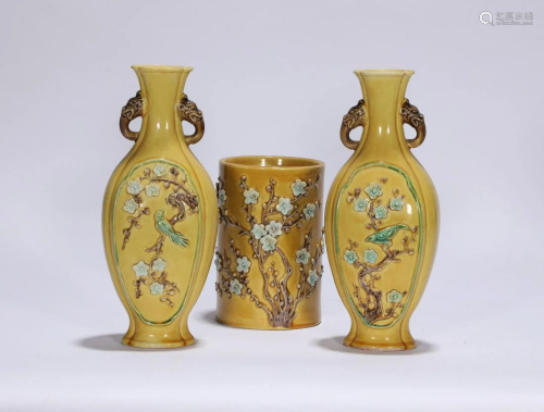 Pair Yellow Ground and Famille Verte Biscuit Vases