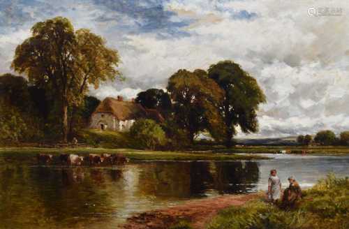 English School (19th century) Figures alongside a river with...