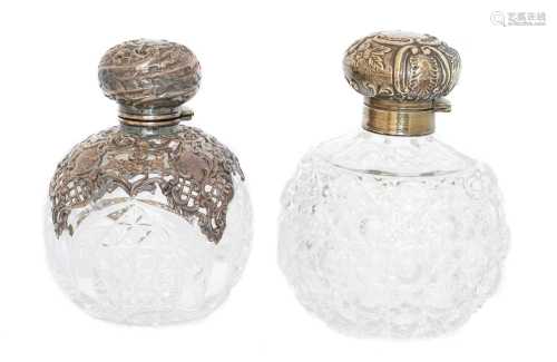 Two silver mounted clear glass scent bottles,