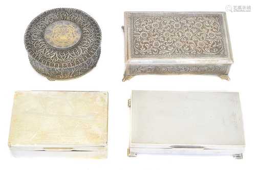 Four silver and white metal boxes,