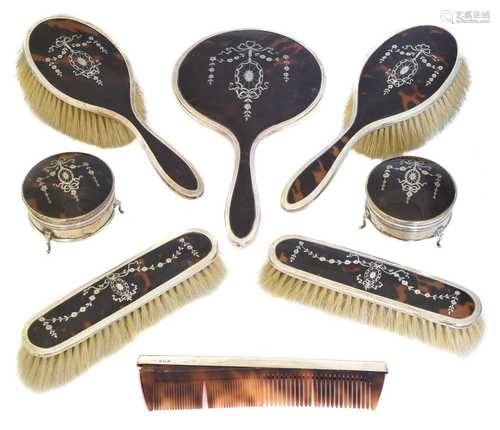 A George V silver and tortoiseshell dressing set,